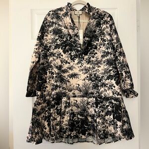 Tuckernuck Tate Shirt Dress Womens Large Noir Cypress Toile Ruffles Pleated Boxy